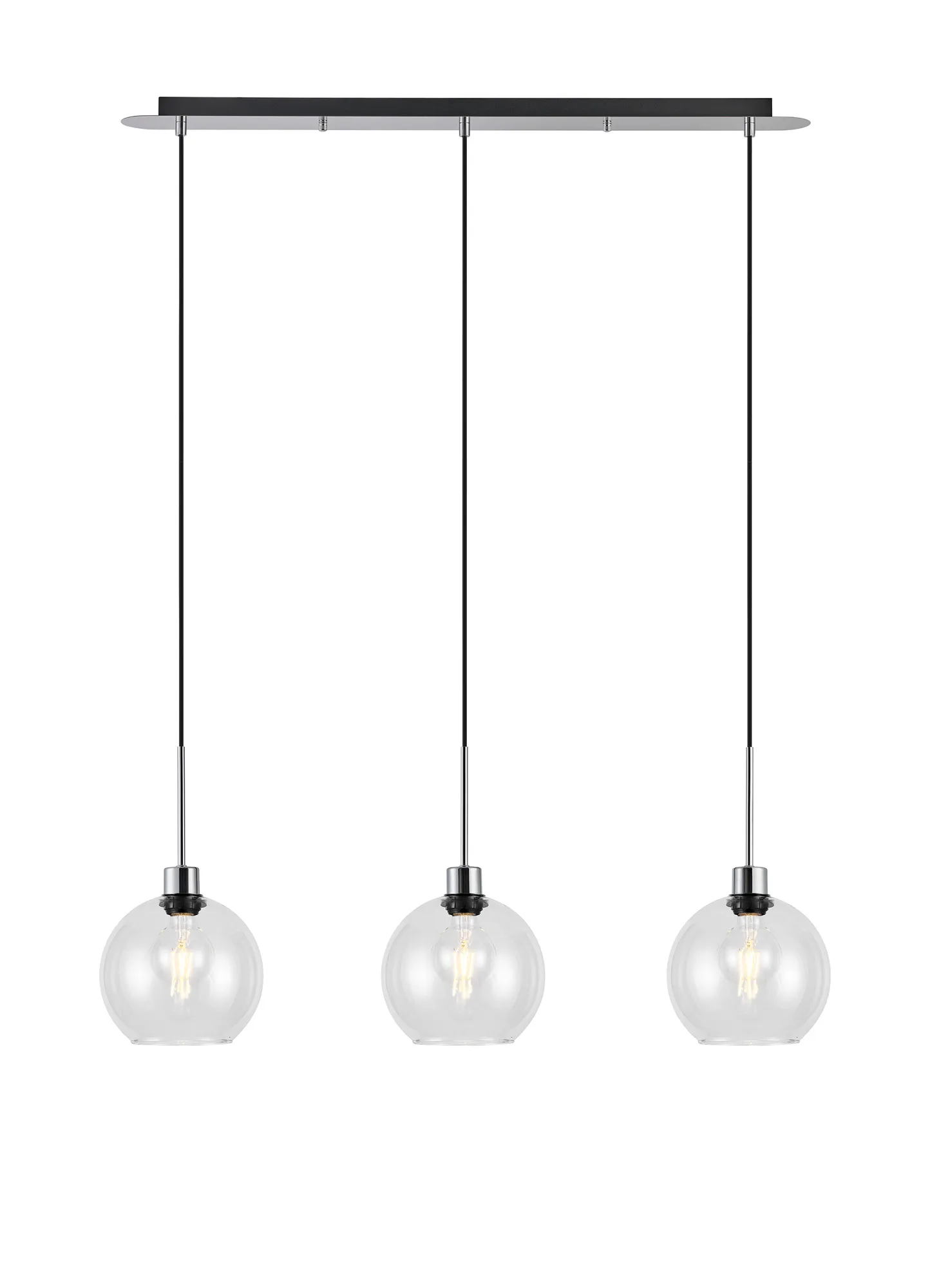 DK1304  Lori Linear Pendant, 3 Light Adjustable E27, Polished Chrome/Clear Open Mouth Round Globe Shades